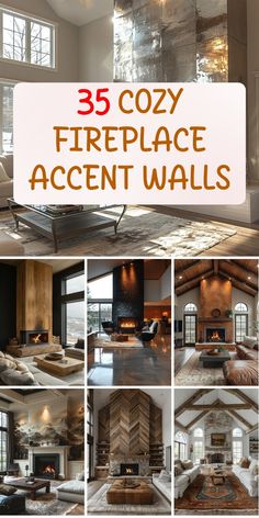 there are many fireplaces and couches in this living room with the words, 35 cozy fireplace accent walls