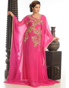 Women Fuchsia Pink Georgette Hand Zari Embroidery Farasha Farasha, Silver, Georgette, Handmade, Fuchsia Pink, Pink, Kaftans, XS, S, M, L, XL, 2XL, 3XL, 4XL, 5XL, 6XL, 7XL:Arabic Attire Male Kaftan Styles, Islamic Dresses, Islamic Wear, Zari Embroidery, Kaftan Style, Muslim Outfits, Islamic Clothing, Zari Work, Hip Dress