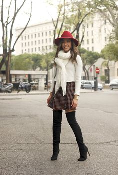 Otk Boots, Scarf Accessories, Hat Scarf, Tweed Skirt, Red Hat, Red Hats, Fall 2016, Over The Knee Boots