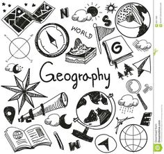 black and white drawing of the word geography surrounded by various items in doodle style