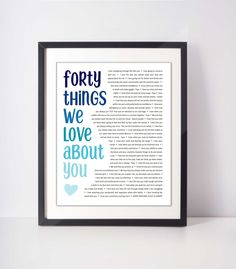 a framed book page with the words forty things we love about you