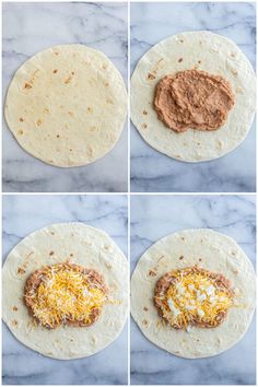 four images showing how to make an enchilada tortilla with cheese