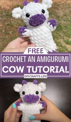 someone is holding a crochet amigurmi cow with the text overlay that reads, free crochet an amigurum cow tutorial