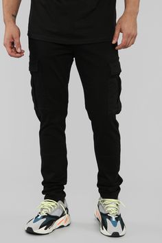 Available In Black, Khaki Button Closure Zip Fly Draw Cord In Waistband Front Pockets Cargo Pockets Back Pockets Skinny Fit 32 Inseam 98% Cotton 2% Spandex Imported | Mens Kyle Cargo Pants in Black size 42 by Fashion Nova Slim Cargo Pants, Black Pants Men, Mens Pants Fashion, Fit Ideas, Streetwear Men Outfits, Shop Mens Clothing, Mens Activewear, Pants Black, Lightweight Jacket