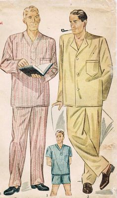 Simplicity 1202: Use this 1940s vintage sewing pattern for men to sew a pair of good looking long or short pajamas. The pajama trousers in your choice of short or long length have drawstring in waistline casing, and single button fly front closing. The pullover top in view 1 has band-trimmed V-neckline, breast patch pocket, and your choice of short or long sleeves. The top in view 2 has front button closing, breast patch pocket, and jewel neckline. Flat fell seams and top-stitching are used thro 1940s Dress Pattern, Mens Pajama, Simplicity Patterns Dresses, Handsome Style, Short Pajamas, Pajama Pattern, Trousers Details, Sewing Patterns Girls, Motif Vintage