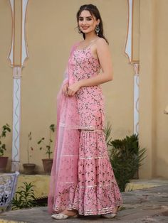 Pink & White Cotton Printed & Gota Detailing Sharara Set with Hand Painted Organza Dupatta Hand Painted Organza, Printed Sharara, V Neck Style, Palazzo Suit, Cotton Dupatta, Sharara Set, Organza Dupatta, Suit Fabric, Online Retail