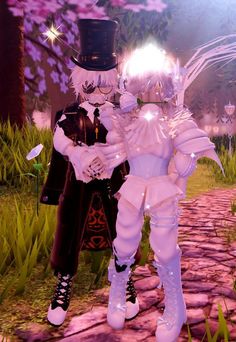 an animated image of two people dressed up in costumes and top hats, standing next to each other