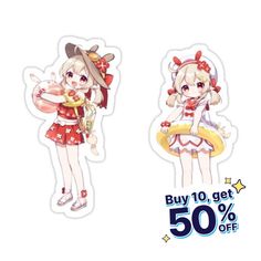 two stickers that are on the side of a white background, one with an anime character