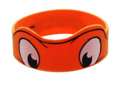 an orange bracelet with eyes on it