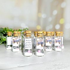 four miniature bottles filled with photos and gold caps sitting on a table next to some greenery