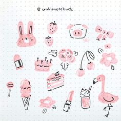 an image of pink doodles on a sheet of paper with animals and desserts