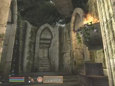 an image of a video game scene with stairs leading up to the entrance and trees in the background