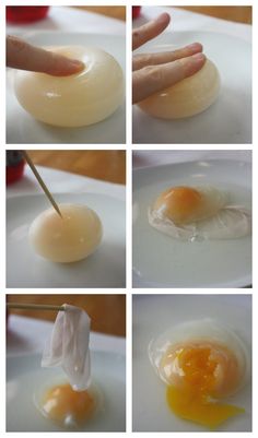 an egg being fried on a plate with a stick in the middle and four pictures showing how to cook it