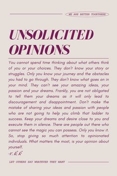 an article about unsolicited opinions written in purple on a white background