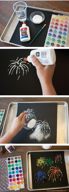 the process for painting fireworks is shown with chalk and watercolors on a tray