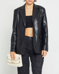 Camilla Vegan Leather Blazer Leather Blazer, Black Blazers, Crop Tank, Classic Looks, Oversized Fits, Shoulder Pads, Vegan Leather, Turn Ons, Blazer