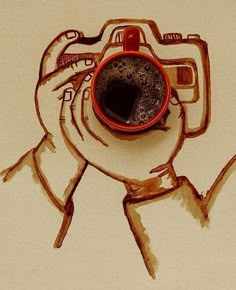 a drawing of a person taking a photo with a coffee cup in front of them