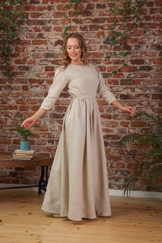 Linen Prairie Modest Dress Maxi Vintage Style Farm Dress - Etsy Polska 1800s Style, Linen Long Dress, Pioneer Dress, Linen Kaftan, Farm Dress, Long Linen Dress, Linen Maxi Dress, Vestidos Vintage, Prairie Dress