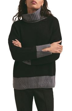 Contrasting ribbed trim frames this ultracozy and oversized turtleneck sweater knit with slouchy dropped shoulders from warming cashmere-kissed wool-blend yarns. Turtleneck Long sleeves Ribbed cuffs and hem 74% wool, 18% nylon, 8% cashmere Dry clean Imported Oversized Turtleneck Sweater, Oversized Turtleneck, Cashmere Blend Sweater, Favorite Daughter, Ribbed Turtleneck, Sweater Knit, Turtleneck Sweater, Black Grey, Black Sweaters