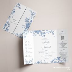 two wedding cards on top of each other with blue and white floral designs in the middle