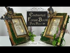 two frames with moss and butterflies on them are sitting next to each other in front of a sign that says, enchanted forest book party decor diy