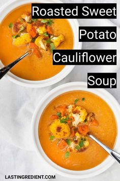 two bowls of roasted sweet potato cauliflower soup with text overlay reading roasted sweet potato cauliflower soup