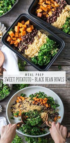 this meal is prepared and ready to be eaten in the oven, including sweet potato - black bean bowls