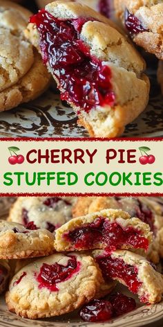 cherry pie stuffed cookies on a plate with the title in red and green overlay