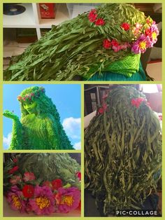 four different pictures with flowers and grass in the shape of sesame's character, oscar