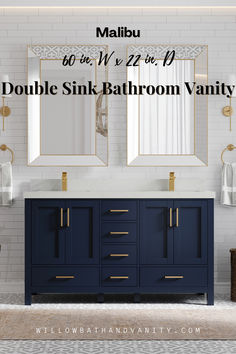 double sink bathroom vanity in navy blue and gold with text overlay that reads malbus