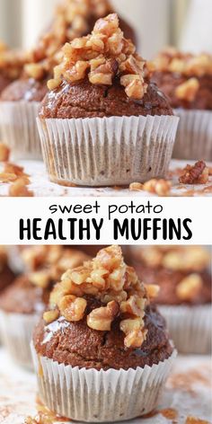 chocolate muffins with walnuts on top and the words sweet potato healthy muffins above them