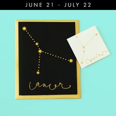 Shop Cancer zodiac luxe greeting cards inspired by astrological signs featuring unique metallic gold constellation temporary Flash Tattoos! Handwritten Type, Zodiac Cards, Gold Envelopes, Flash Tattoos, Zodiac Designs, Type Illustration, Card Tattoo, Sweet Notes