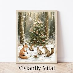 an image of a christmas tree with three foxes in the snow, surrounded by pine trees