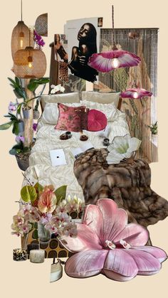 a collage of various items including pillows, blankets and lamps are arranged in the shape of a bed