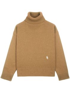 camel brown wool intarsia knit embroidered logo to the front long sleeves high neck ribbed cuffs and hem Brown High Neck Sweater For Work, Brown Turtleneck Sweater For Work, Brown Long Sleeve Turtleneck For Work, Brown Fine Knit Long Sleeve Turtleneck, Brown Merino Wool Turtleneck For Winter, Fine Knit Long Sleeve Brown Turtleneck, Brown Cashmere Long Sleeve Turtleneck, Beige Wool Turtleneck For Fall, Beige Long Sleeve Turtleneck With Ribbed Cuffs