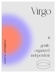 a poster with the words virgo and an image of a circular object in blue, orange