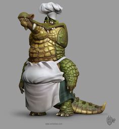 a cartoon alligator dressed in an apron and chef's hat with his hand up to the side