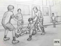 a pencil drawing of three boys playing soccer with one boy sitting on the ground and another standing