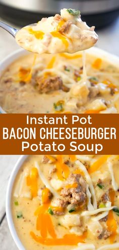 instant pot bacon cheeseburger potato soup in a white bowl with a ladle