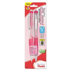 two pink pens are in the packaging for each other's penceil set