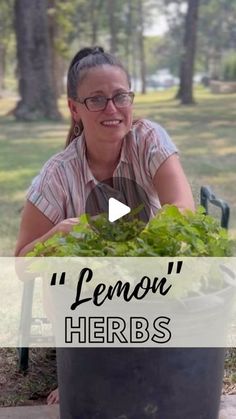 a woman sitting in front of a potted plant with the words lemon herbs on it