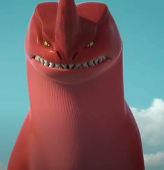 an animated red creature with yellow eyes and big teeth, standing in front of a blue sky