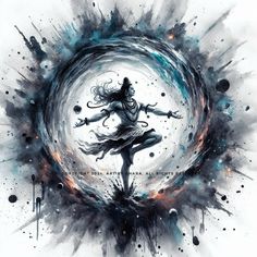 a woman is dancing in the middle of a circle with black and white paint splatters