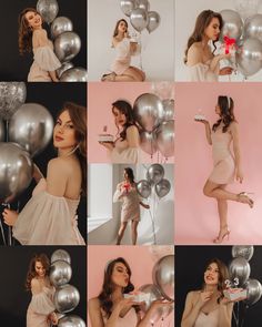 a collage of photos with balloons and woman in white dress posing for the camera