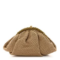 This is an authentic FENDI Intreccio Macrame Braided Shell Clutch in Sand. This stylish clutch is crafted of woven fabric in dark beige. The bag features a woven trim and a brown kiss lock opens to a brown fabric interior. Shell Clutch, Dark Beige, Brown Fabric, Woven Fabric, Macrame, Fendi, Shells, Braids, Kiss