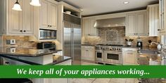 a clean kitchen with white cabinets and stainless steel appliances is featured in the ad for appliance works