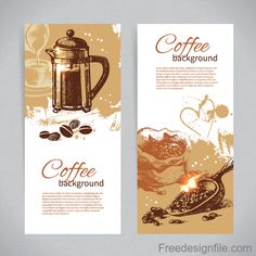 two vertical banners with coffee related items