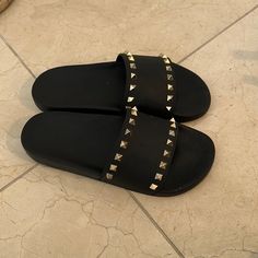 Awesome Condition, Black Studded Valentino Slides. Rubber. Price Is Negotiable Chic Black Sandals With Studs, Black Slides With Studded Rubber Outsoles, Valentino Slippers Women, Black Studded Sandals For The Beach, Valentino Slides, Valentino Rock Stud Bracelet, Valentino Stud Boots, Valentino Roman Stud Shoes, Valentino Garavani Shoes