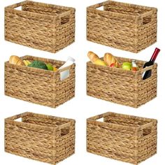 four baskets filled with different types of food