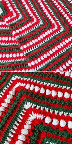 a crocheted afghan with red, white and green colors